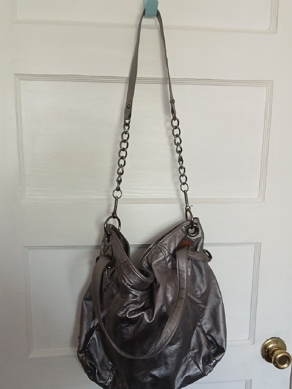 Elliot Luca Leather Metallic Silver Shoulder Bag with Chain Accents - Picture 14 of 15
